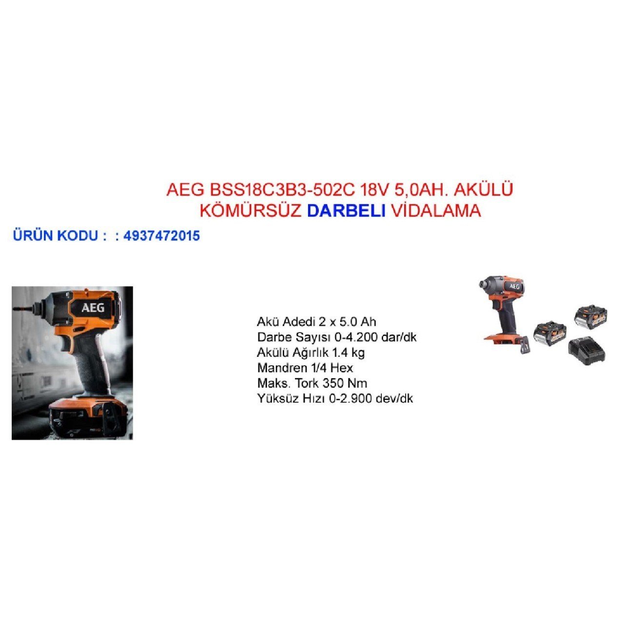 AEG BSS 18C3B3-502 18V 5.0Ah Çift Akülü Kömürsüz Darbeli Vidalama