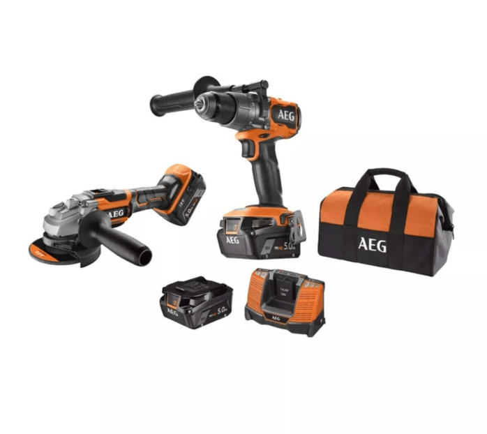 AEG JP18A2-502B 18V 5.0Ah Çift Akülü Kömürsüz 2'li Kombo Set (Darbeli Matkap + Avuç Taşlama)