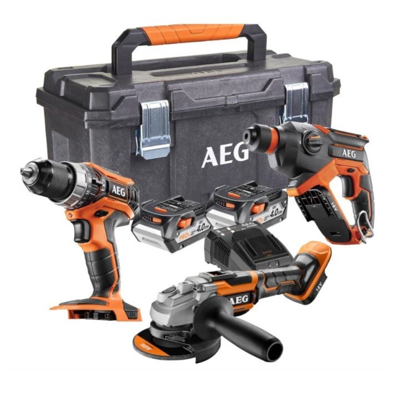 AEG JP18L3-402TB 18V 4.0Ah Çift Akülü Üçlü Kombo Set (Darbeli Matkap + Somun Sıkma + Taşlama)