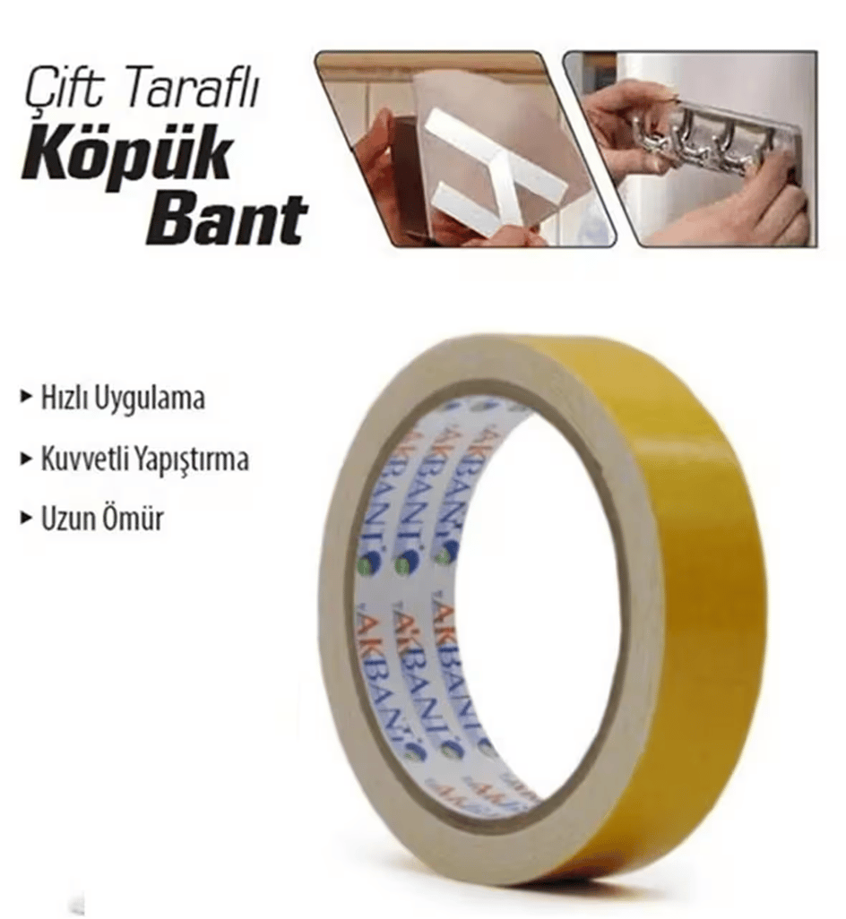 AKBANT Çift Taraflı Köpük Bant 18 mm x 2 mt - Profesyonel Güçlü Montaj ve Sabitleme Bandı