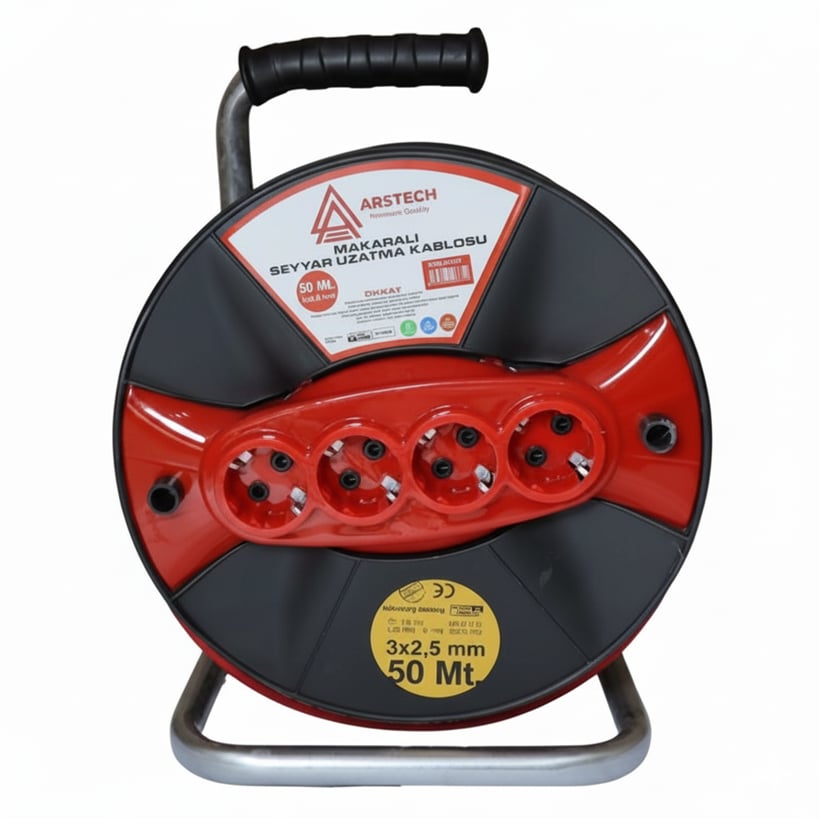 ARSTECH ARS32550 Makaralı Uzatma Kablosu 3x2.5 mm 50 Metre - Termal Sigortalı Ağır Hizmet Tipi Seyyar Makara