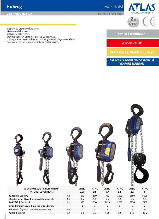 ATLAS 0.25 Ton 1.5 Metre Cırcırlı Hubzug (Yer Çektirme) - Profesyonel Manuel Kollu Zincirli Vinç, Çektirme Ve Gerdirme Ekipmanı