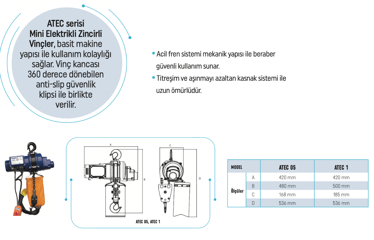 ATLAS 1000 Kg 6 Metre Elektrikli Zincirli Vinç - Profesyonel 1 Tonluk Sanayi Tipi Kaldırma Sistemi, Ağır Hizmet Tipi Elektrikli Zincirli Vinç