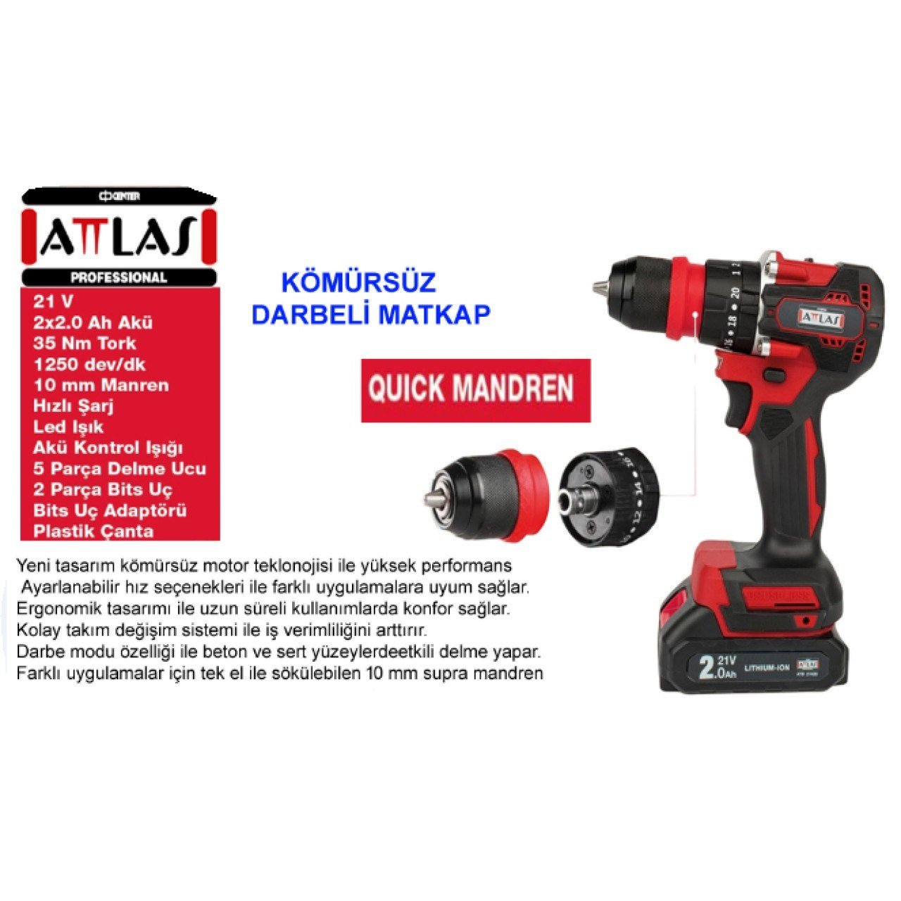ATTLAS ATB 21 BLPDX-202C Kömürsüz 2x2.0Ah Çift Akülü Darbeli Matkap (A0104098)