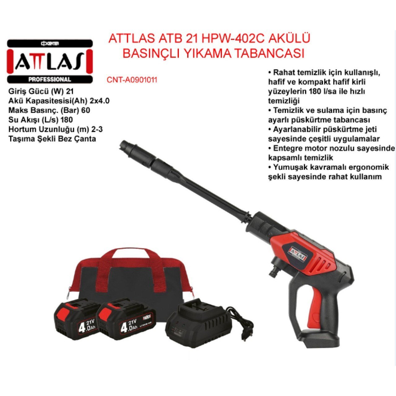 ATTLAS ATB21 HPW-402C 21V 2x4.0Ah Çift Akülü Basınçlı Tabanca Yıkama Makinesi