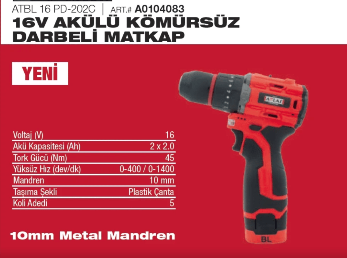 ATTLAS ATBL16 PDX-202C 16V 2x2.0Ah Çift Akülü Kömürsüz Darbeli Matkap