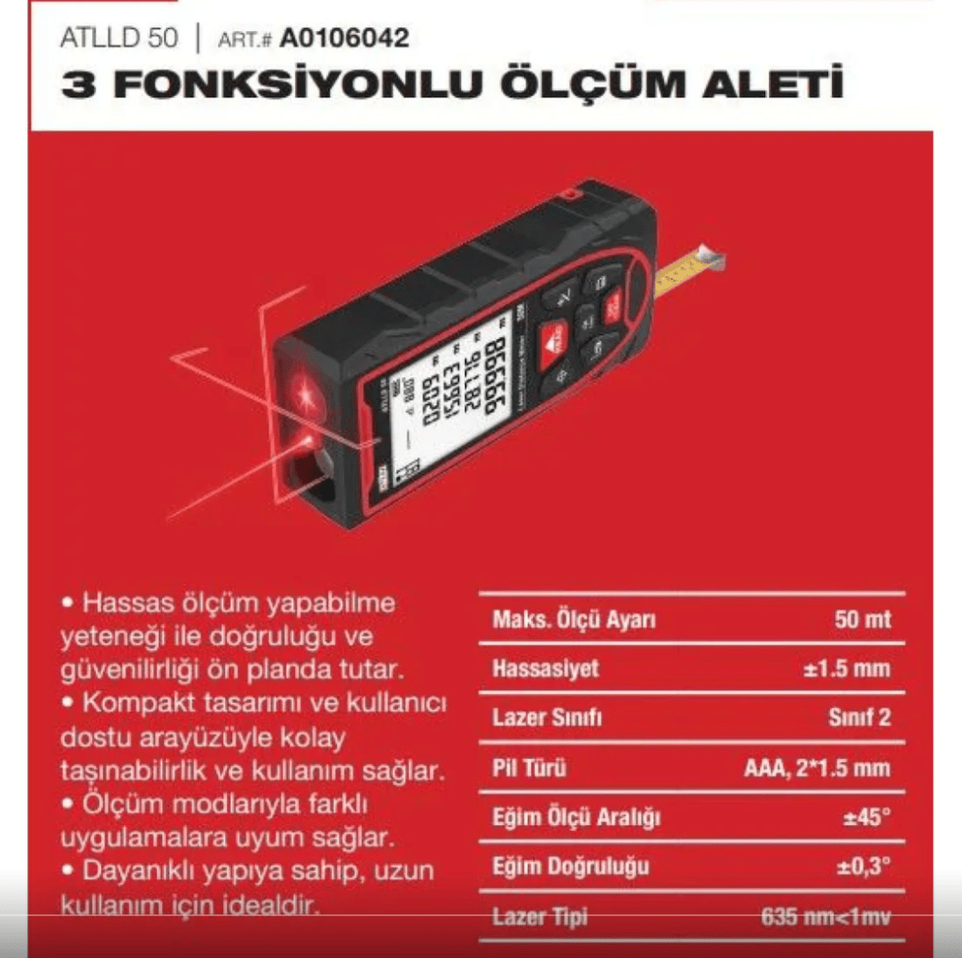 ATTLAS ATLLD50 Lazer Metre (50 mt) - 3 Fonksiyonlu Dijital Mesafe Ölçer