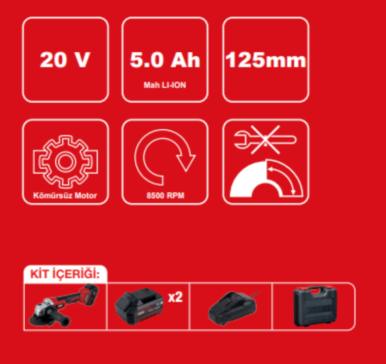 ATTLAS PRO ATBL 18 AG-502 C 18V 5.0Ah Çift Akülü Kömürsüz 115mm Avuç Taşlama