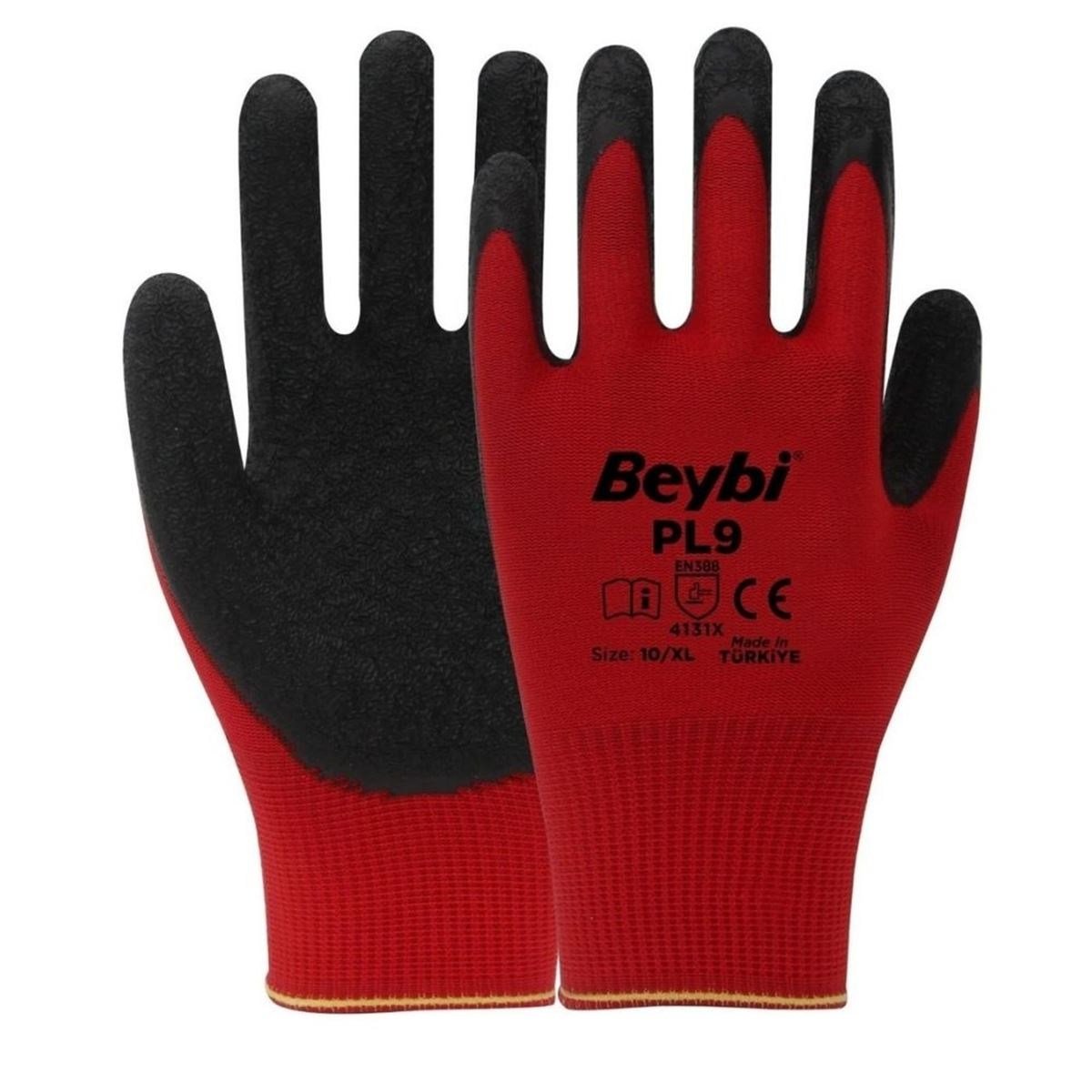 BEYBİ PL9 Kırmızı Polyester Örme Eldiven No:10 - Profesyonel Kalın Şantiye, Mukavemetli Mekanik Kalıp Montaj ve Yüksek Kaymazlık Dirençli İSG İş Eldiveni