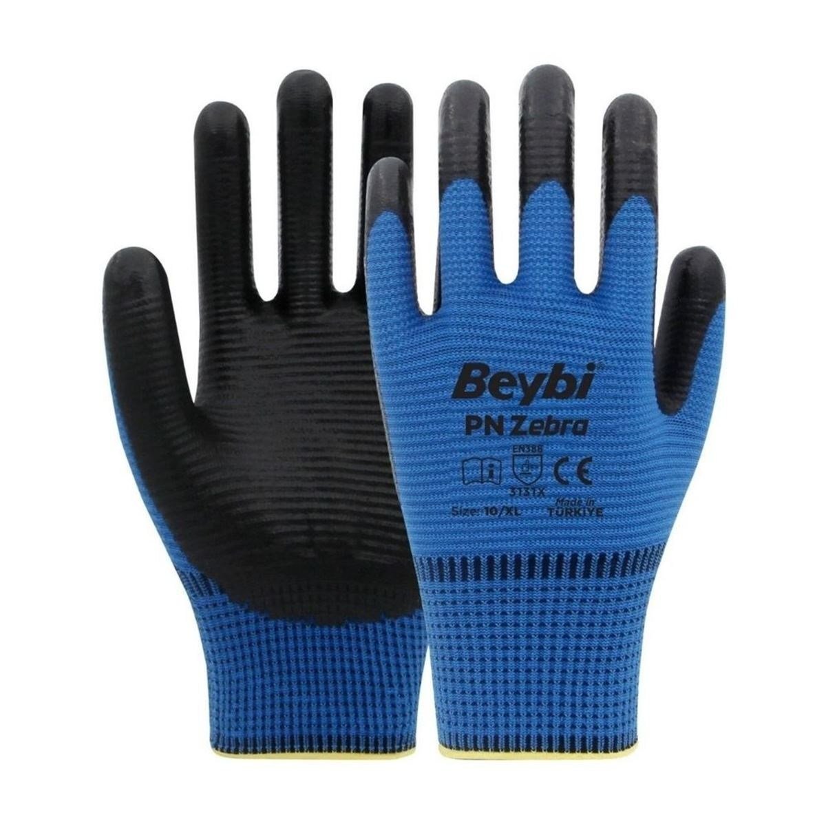 BEYBİ PN5 Zebra Mavi Polyester Eldiven No:10 - Profesyonel Hassas Şantiye, Ultra Esnek Mekanik Montaj ve Yüksek Mukavemetli İSG İş Eldiveni