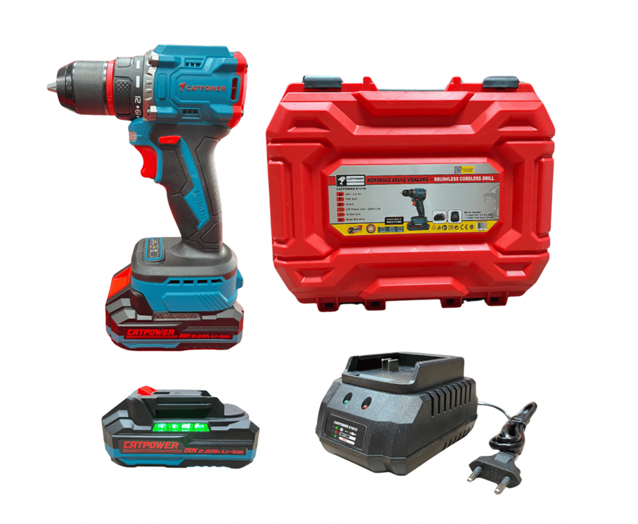 CATPOWER 1010 Kömürsüz Motor Akülü Matkap 20V 2.0Ah Çift Akülü - Profesyonel Yüksek Devirli Brushless Şarjlı Matkap, Ahşap ve Metal Delme Makinesi