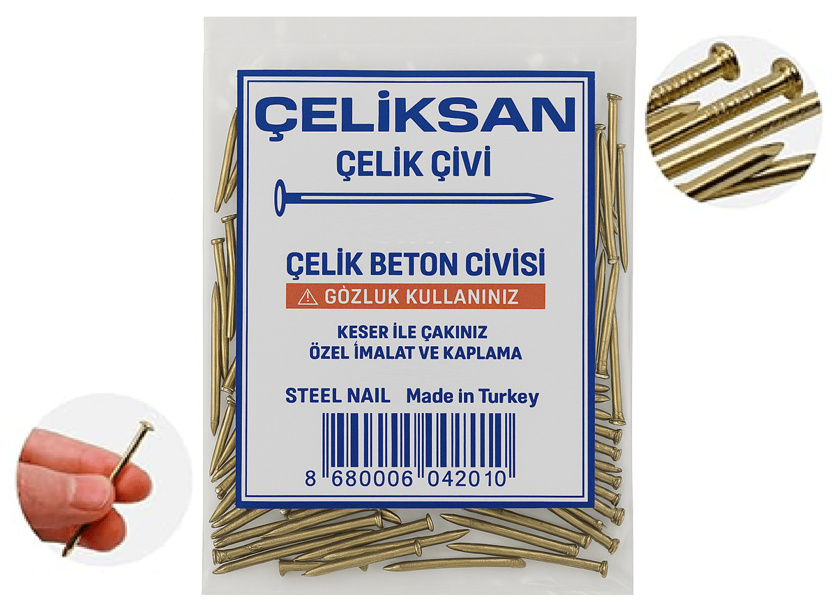 ÇELİKSAN Sarı Kaplama Çelik Çivi 2x30 mm - Profesyonel İnce Sertleştirilmiş Duvar, Pervaz ve Beton Çivisi