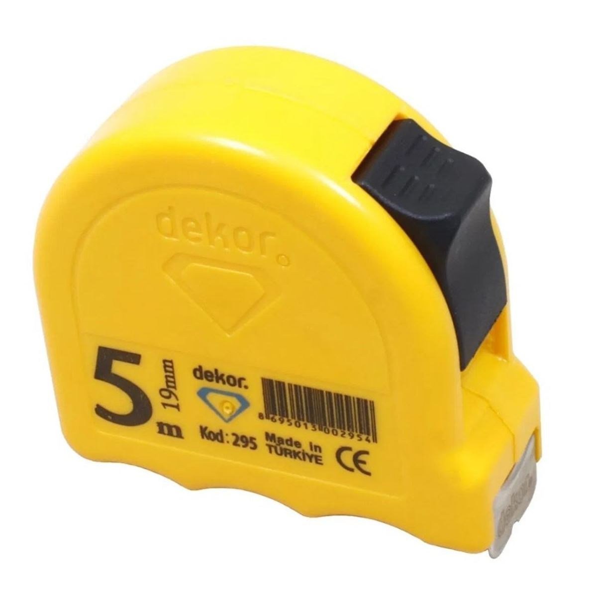 DEKOR 295 Şerit Metre Sarı Kasa 5 Mt 19 mm - Profesyonel Darbeye Dayanıklı Çelik Şerit Metre