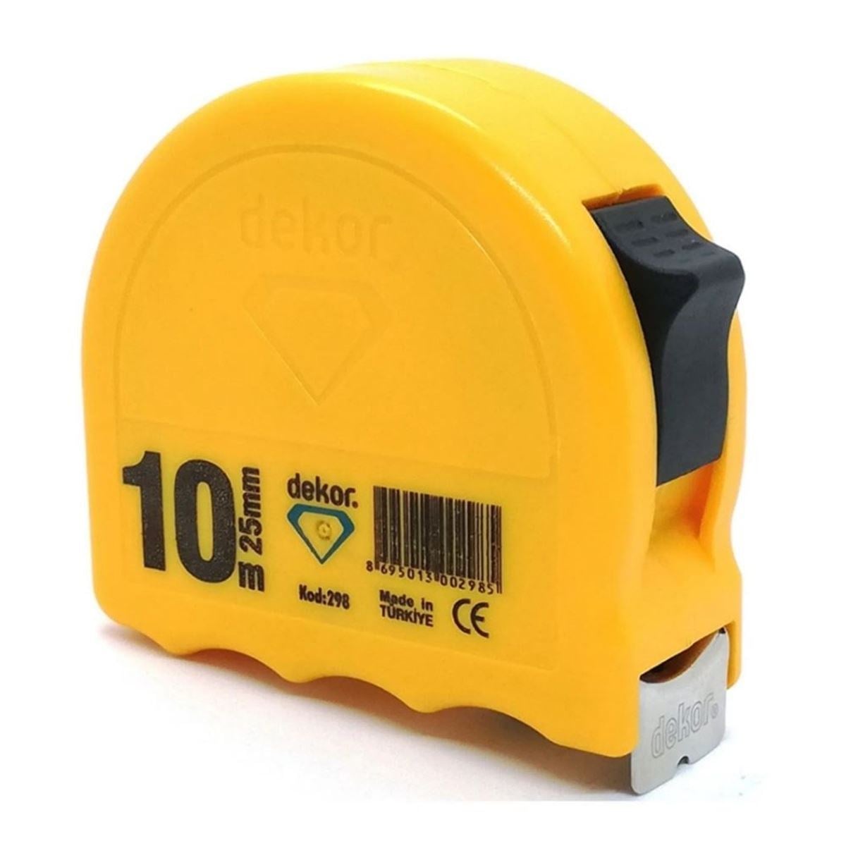 DEKOR 298 Şerit Metre Sarı Kasa 10 Mt 25 mm - Profesyonel Geniş Çelik Şerit Ekstra Uzun Mesafe Metresi