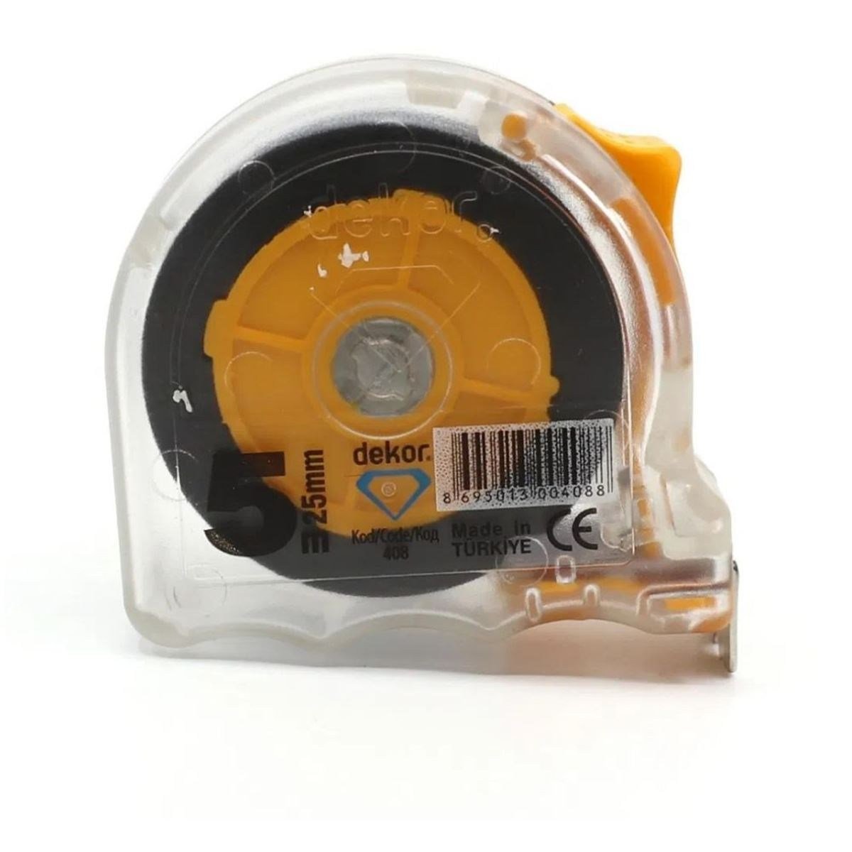 DEKOR 408 Şerit Metre Şeffaf Kasa 5x25 mm - Profesyonel Darbe Emici İç Mekan Çelik Şerit Metre