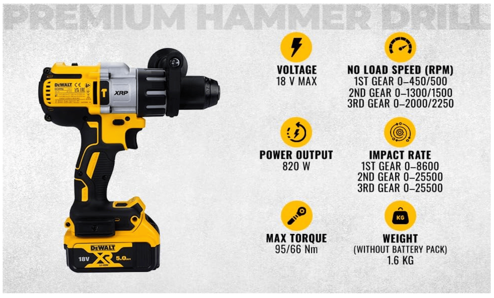 DEWALT DCD996P2 18V 5.0Ah Çift Akülü Kömürsüz Darbeli Matkap Vidalama (95Nm Tork)