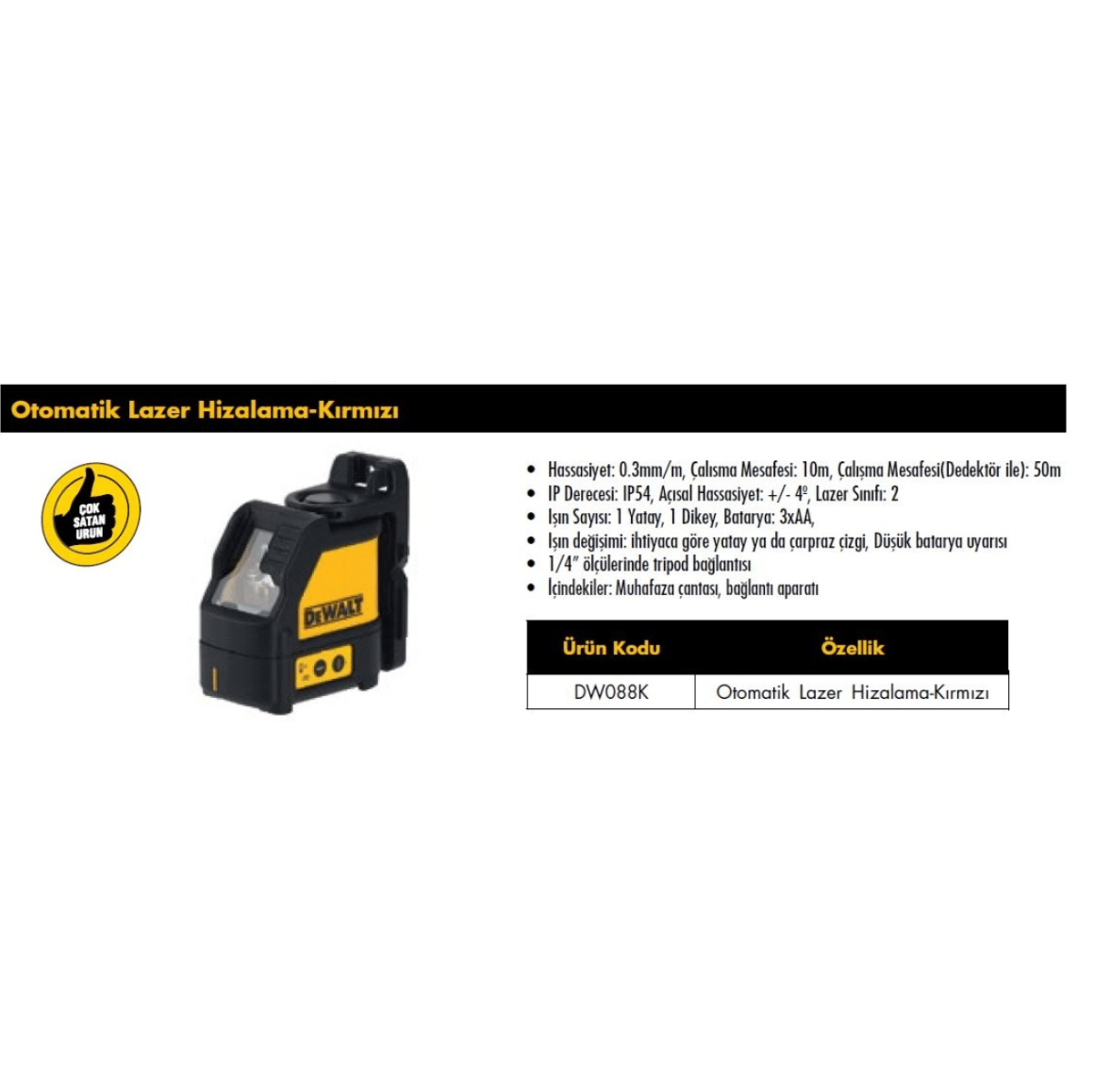 DEWALT DW088K Çapraz Çizgi Lazer Hizalama - Profesyonel Darbeye Dayanıklı Terazi ve Nivelman