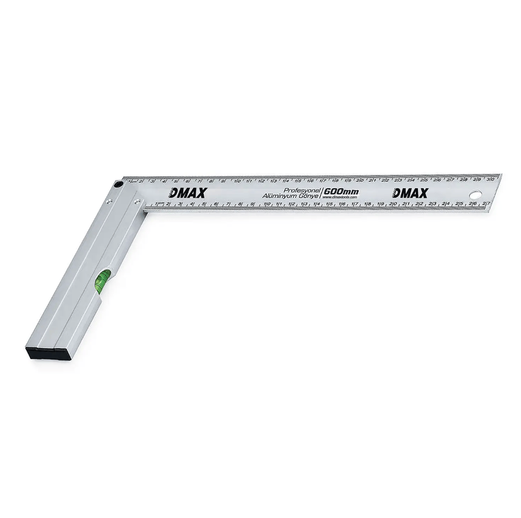 DMAX DMX4560 Su Terazili Alüminyum Gönye 400 mm - Profesyonel Çift Fonksiyonlu Cetvelli İnşaat ve Marangoz Gönyesi