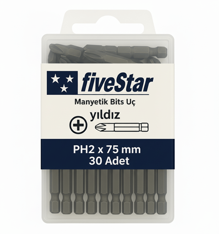 FIVESTAR Manyetik Yıldız Bits Ucu PH2x75 mm – Profesyonel Uzun Vidalama Ucu