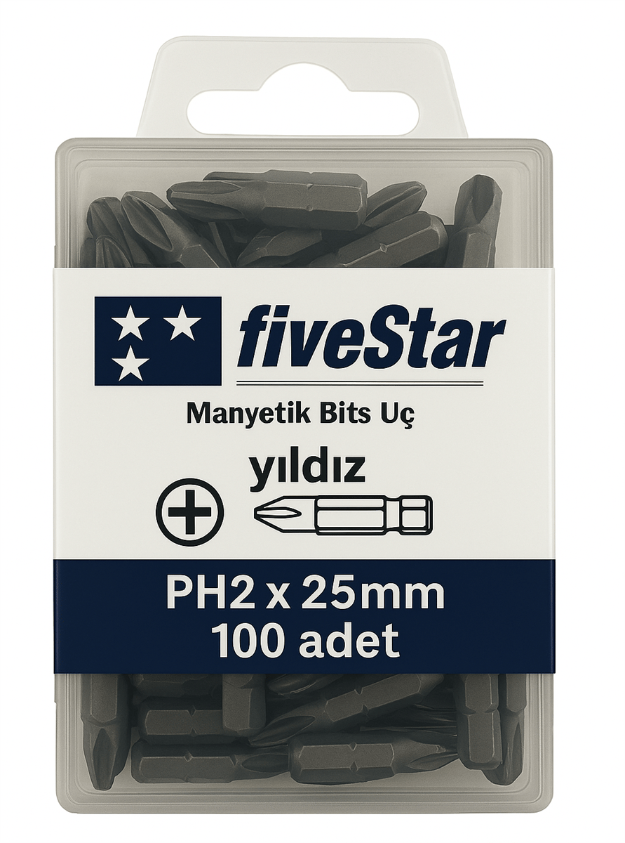 FIVESTAR Manyetik Yıldız Bits Ucu PH2x25 mm – Profesyonel Kısa Vidalama Ucu