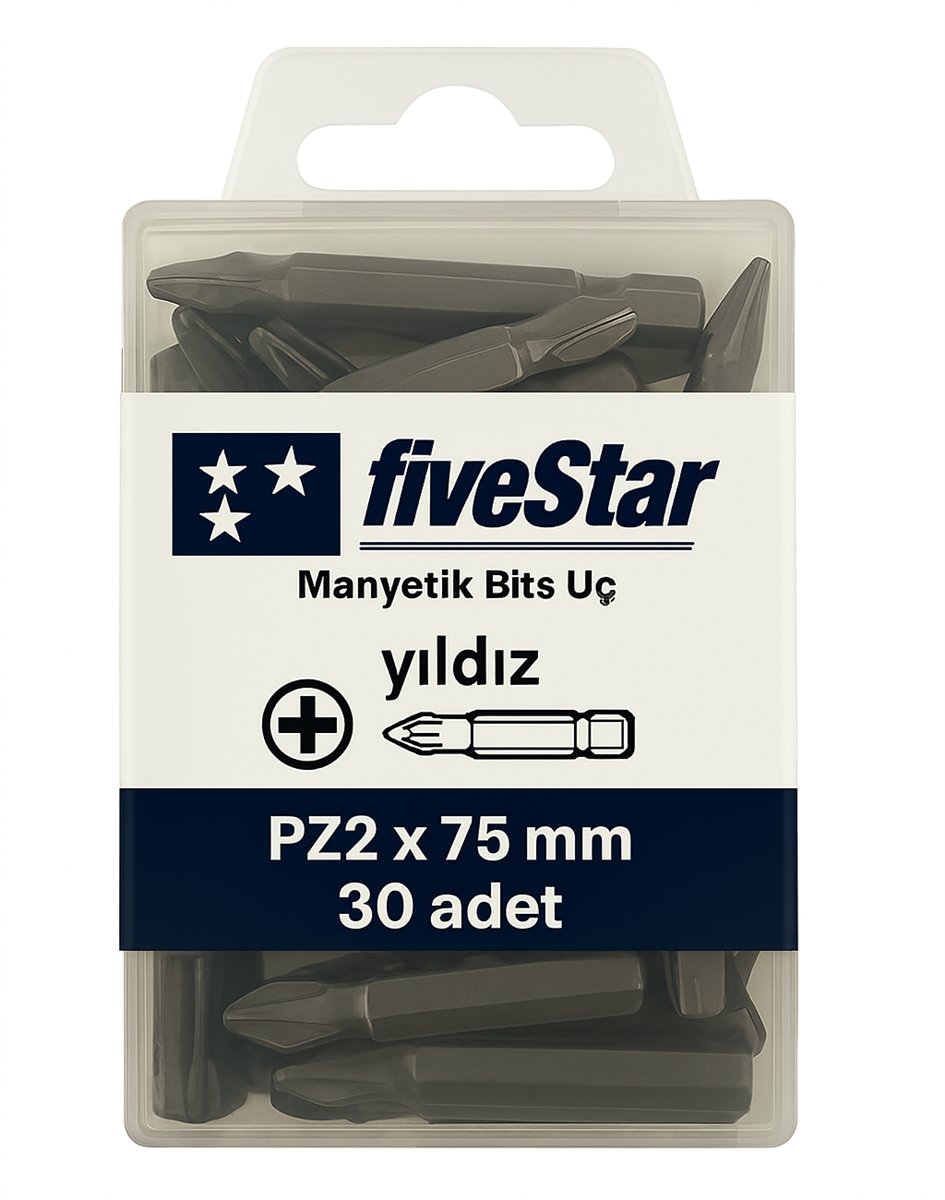 FIVESTAR Manyetik Yıldız Bits Ucu PZ2x75 mm – Profesyonel Uzun Pozidriv Vidalama Ucu