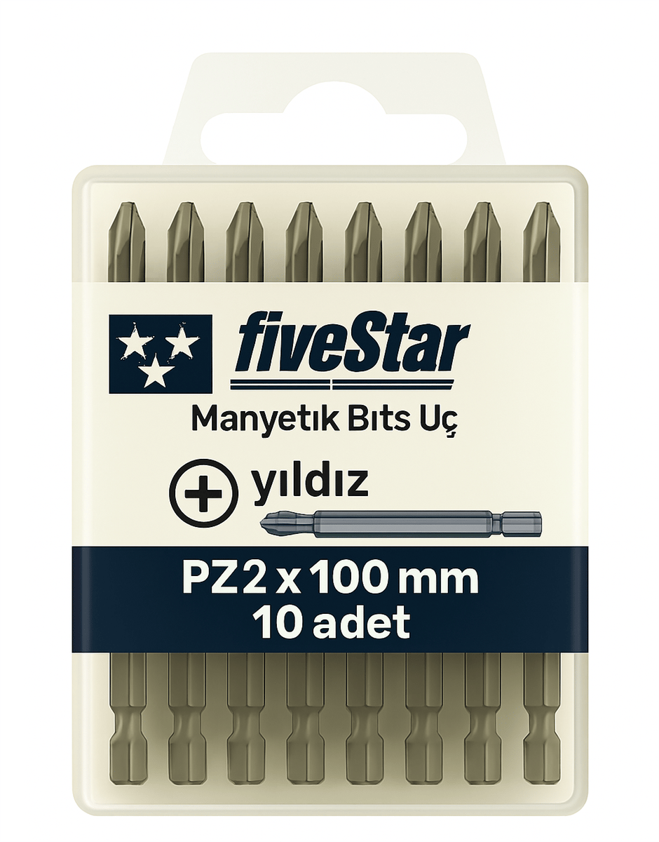 FIVESTAR Manyetik Yıldız Bits Ucu PZ2x100 mm – Profesyonel Uzun Pozidriv Vidalama Ucu