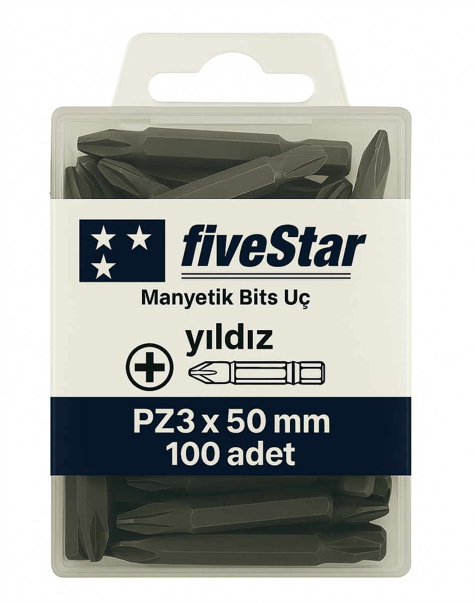FIVESTAR Manyetik Yıldız Bits Ucu PZ3x50 mm – Profesyonel Pozidriv Vidalama Ucu