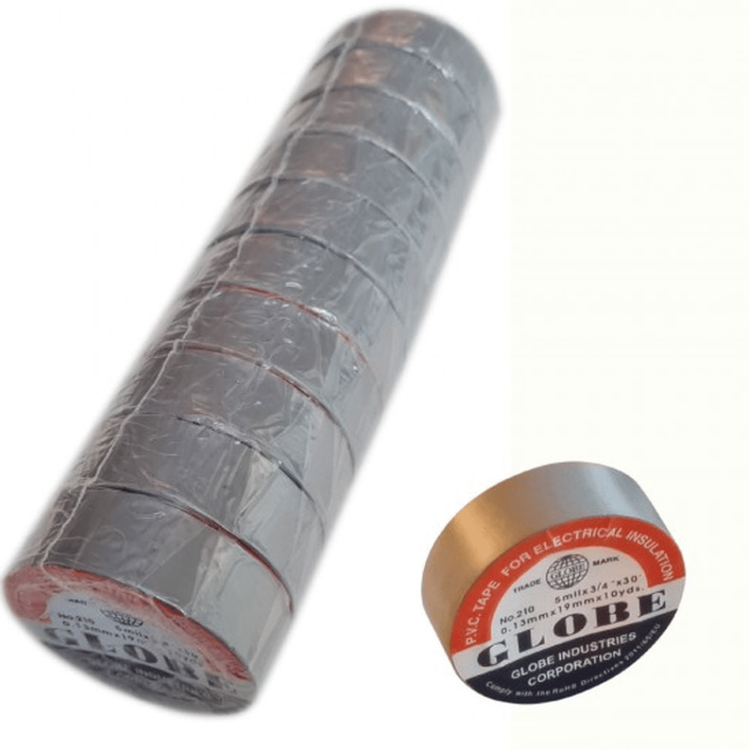 GLOBE 0.13mm x 19mm x 10 Yards İzole Bant Gri - Profesyonel Elektrik İzolasyon Bandı, Yanmaz Ve Esnek PVC Elektrik Bandı