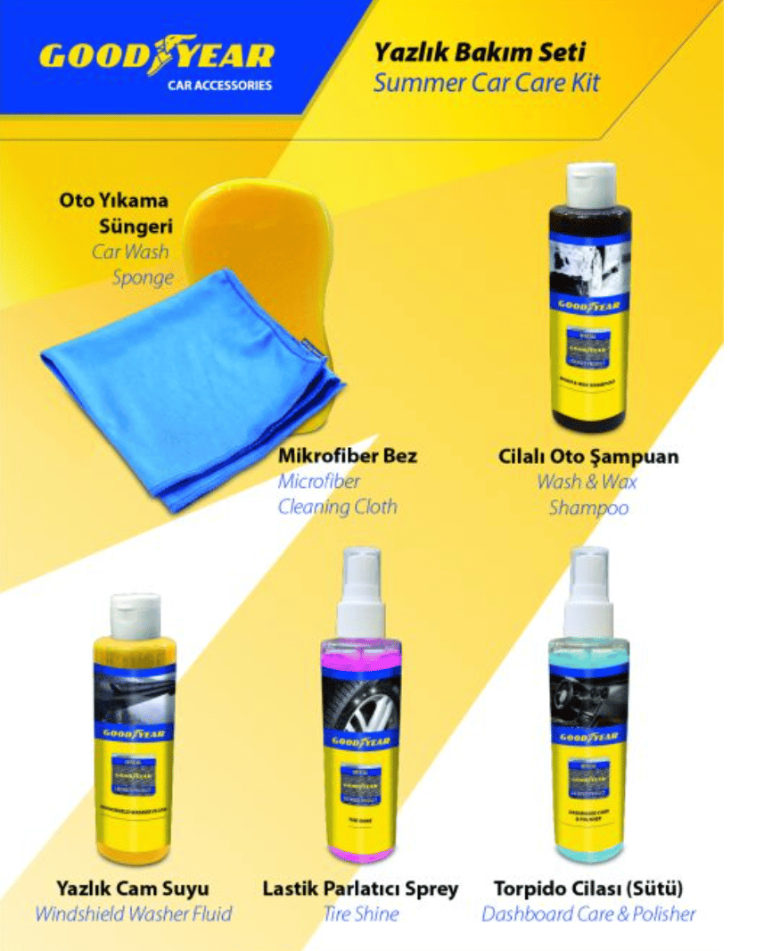 GOODYEAR Yazlık Bakım Seti - Cilalı Oto Şampuanı, Lastik Parlatıcı, Cam Suyu, Torpido Sütü, Sünger ve Mikrofiber Bezli Profesyonel Set