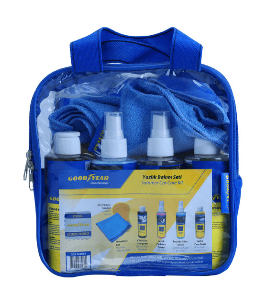 GOODYEAR Yazlık Bakım Seti - Cilalı Oto Şampuanı, Lastik Parlatıcı, Cam Suyu, Torpido Sütü, Sünger ve Mikrofiber Bezli Profesyonel Set