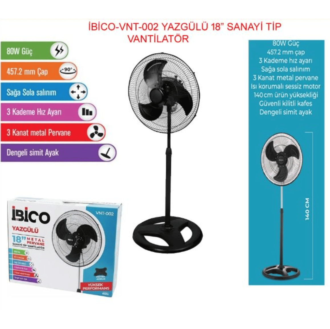 İBİCO YAZGÜLÜ 18'' Sanayi Tipi Ayaklı Vantilatör 45,7 cm - Yüksek Debili Endüstriyel Metal Katlanır Vantilatör