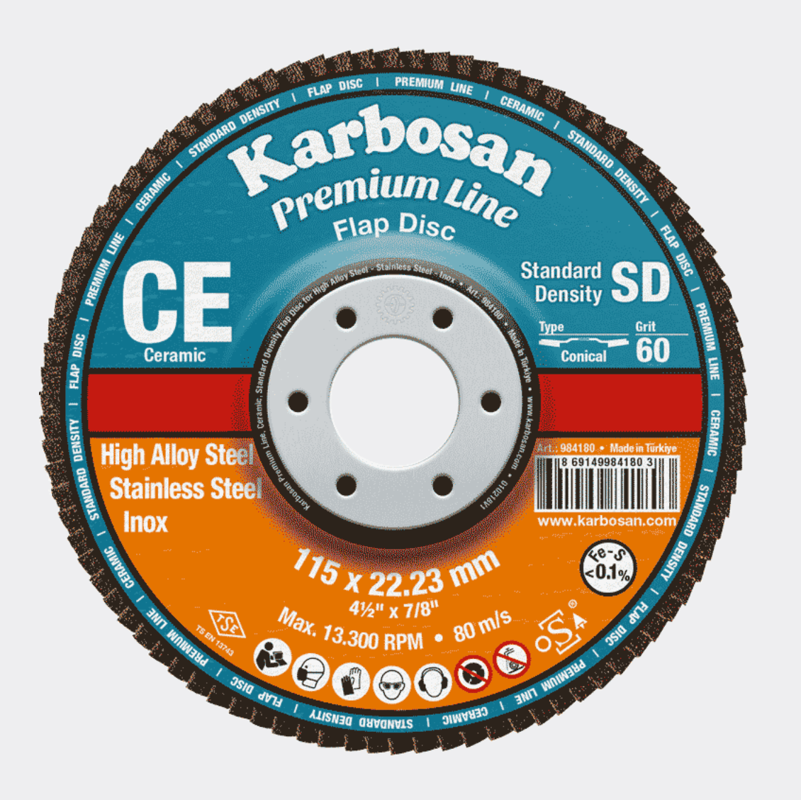 KARBOSAN 115 mm CEY51 60 Kum SD Konik Flap Disk Zımpara - Profesyonel Metal ve Paslanmaz Çelik Yüzeyler İçin Yüksek Performanslı Çapak Alma ve Tesviye Diski