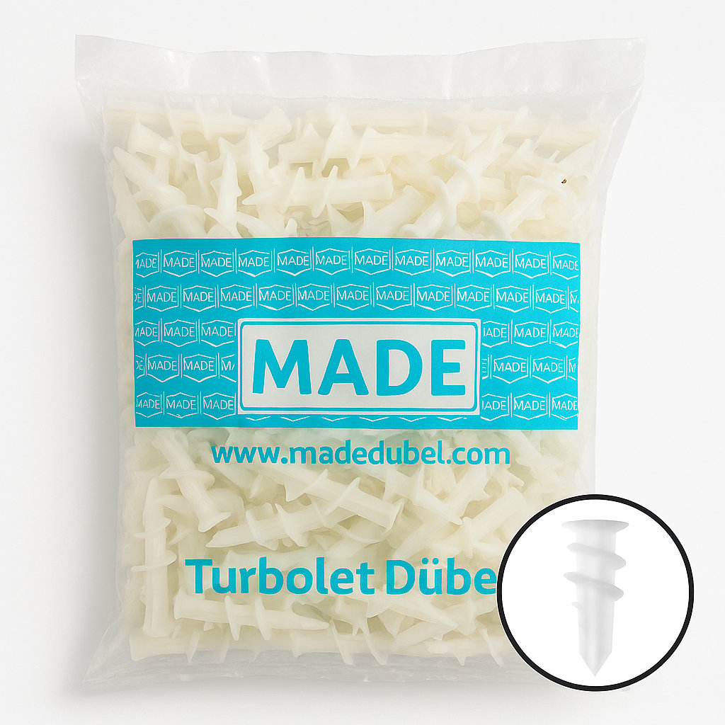 MADE Turbolet Dübel Düz Uçlu 13 mm 500'lü Paket - Profesyonel Alçıpan ve Gazbeton Dübeli, Yüksek Tutunma Mukavemetli Şantiye Tipi Kanatlı Plastik Dübel