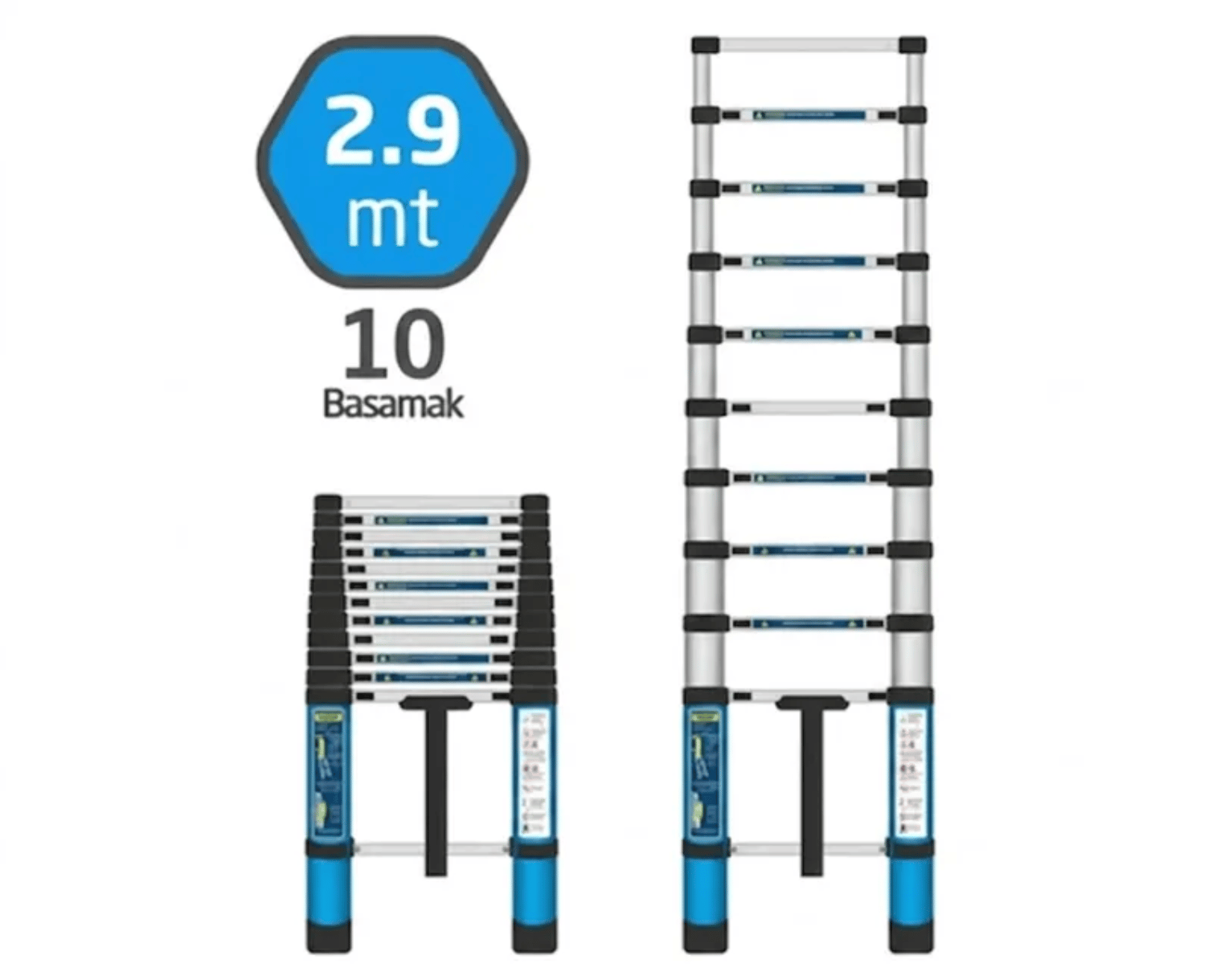 MASTER 504331 Paslanmaz Çelik Teleskopik Merdiven 290 cm 10 Basamak 150 kg Taşıma Kapasiteli