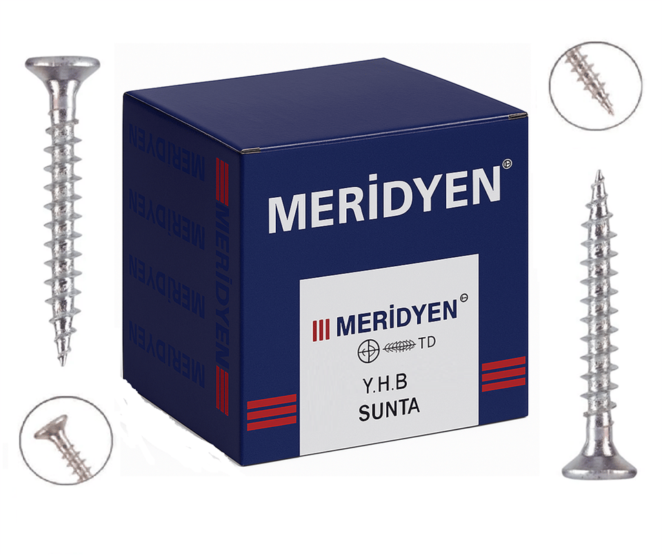 MERİDYEN Sunta Vidası Çeşitleri - Profesyonel Çinko Kaplı Havşalı Ahşap Vidası, Sıyırmaz Yıldız Başlı Şantiye Tipi Akıcı Marangoz Vidası Modelleri