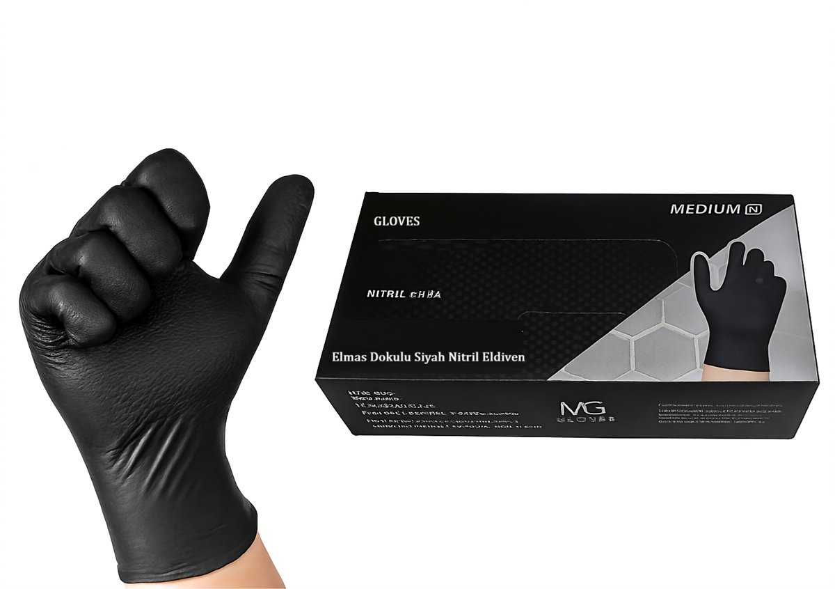 MG GLOVES Pudrasız Tırtıklı Siyah Nitril Steril Eldiven Medium 25 Çift - Profesyonel Hassas Şantiye, Laboratuvar, Boya, Montaj ve Yüksek Mukavemetli İSG İş Eldiveni