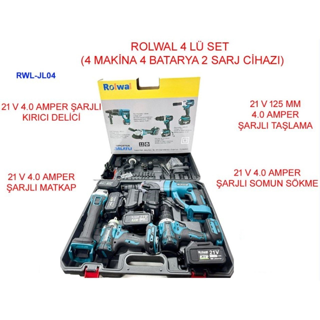 ROLWAL Akülü 4'lü Kombo Set (Şarjlı Hilti + Şarjlı Taşlama + Şarjlı Vidalama + Somun Sıkma)