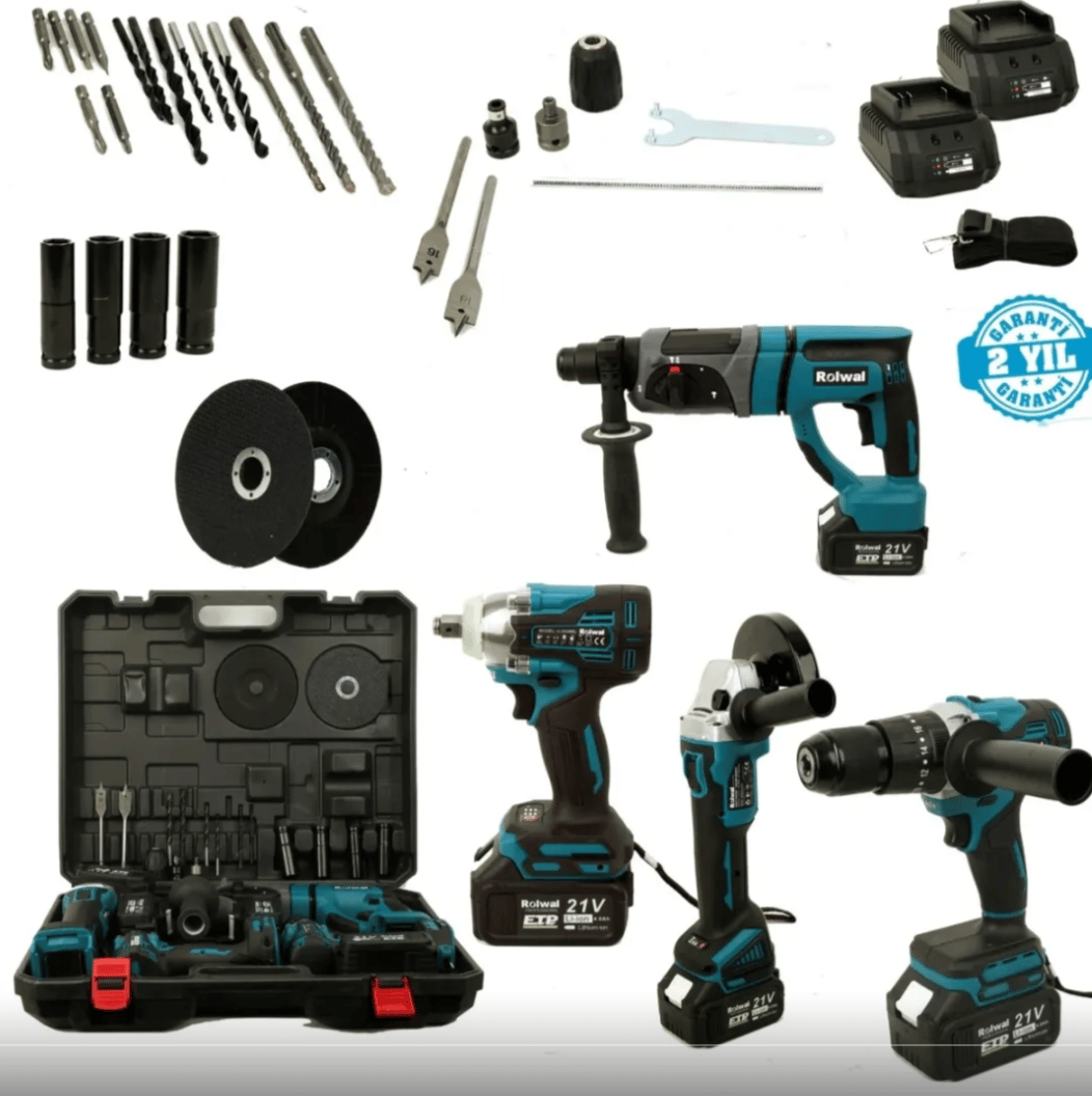 ROLWAL Akülü 4'lü Kombo Set (Şarjlı Hilti + Şarjlı Taşlama + Şarjlı Vidalama + Somun Sıkma)