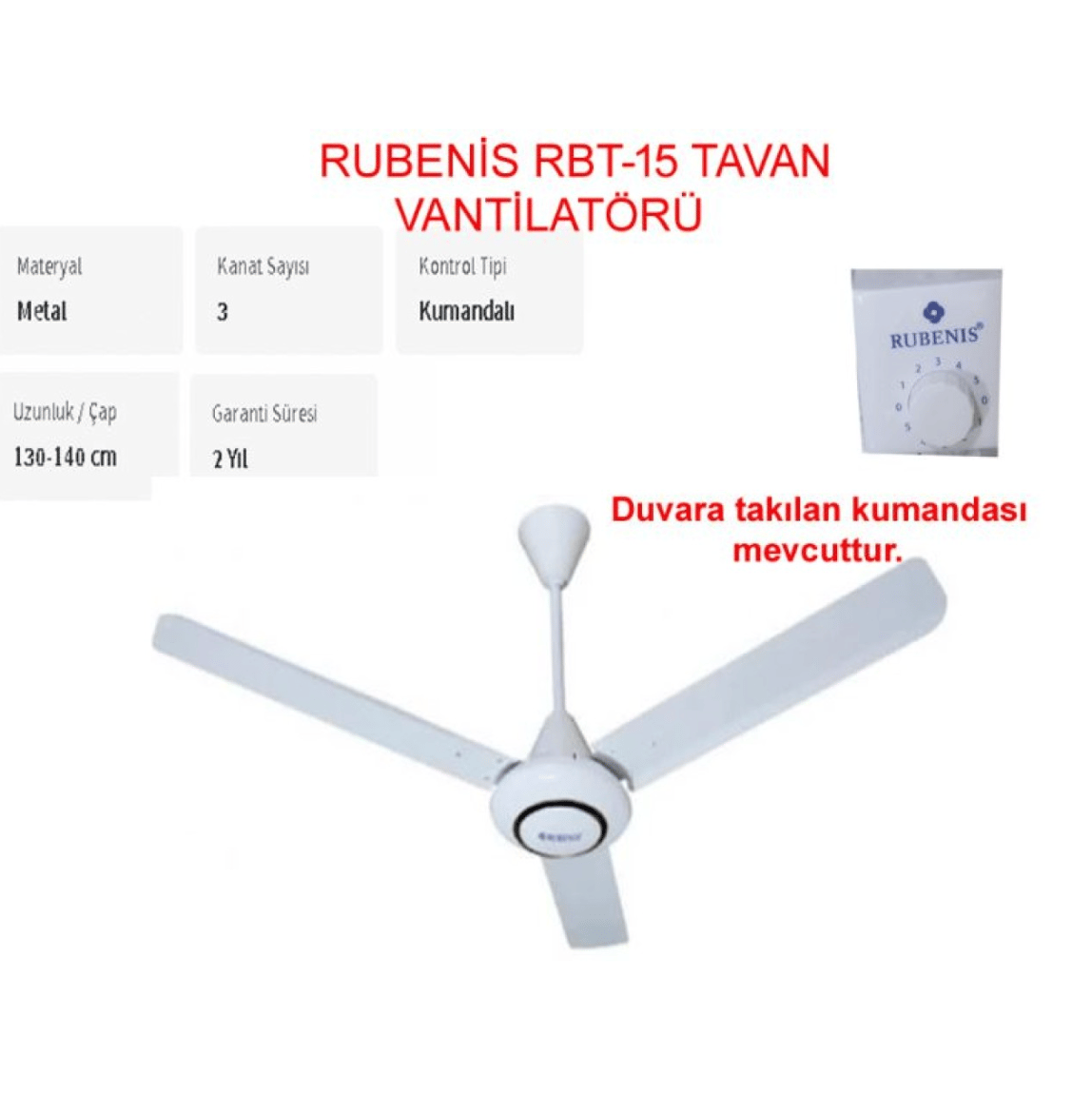 RUBENİS Tavan Sac Vantilatör RBT15 - 5 Kademeli Duvar Kontrollü Metal Kanatlı Beyaz Tavan Vantilatörü