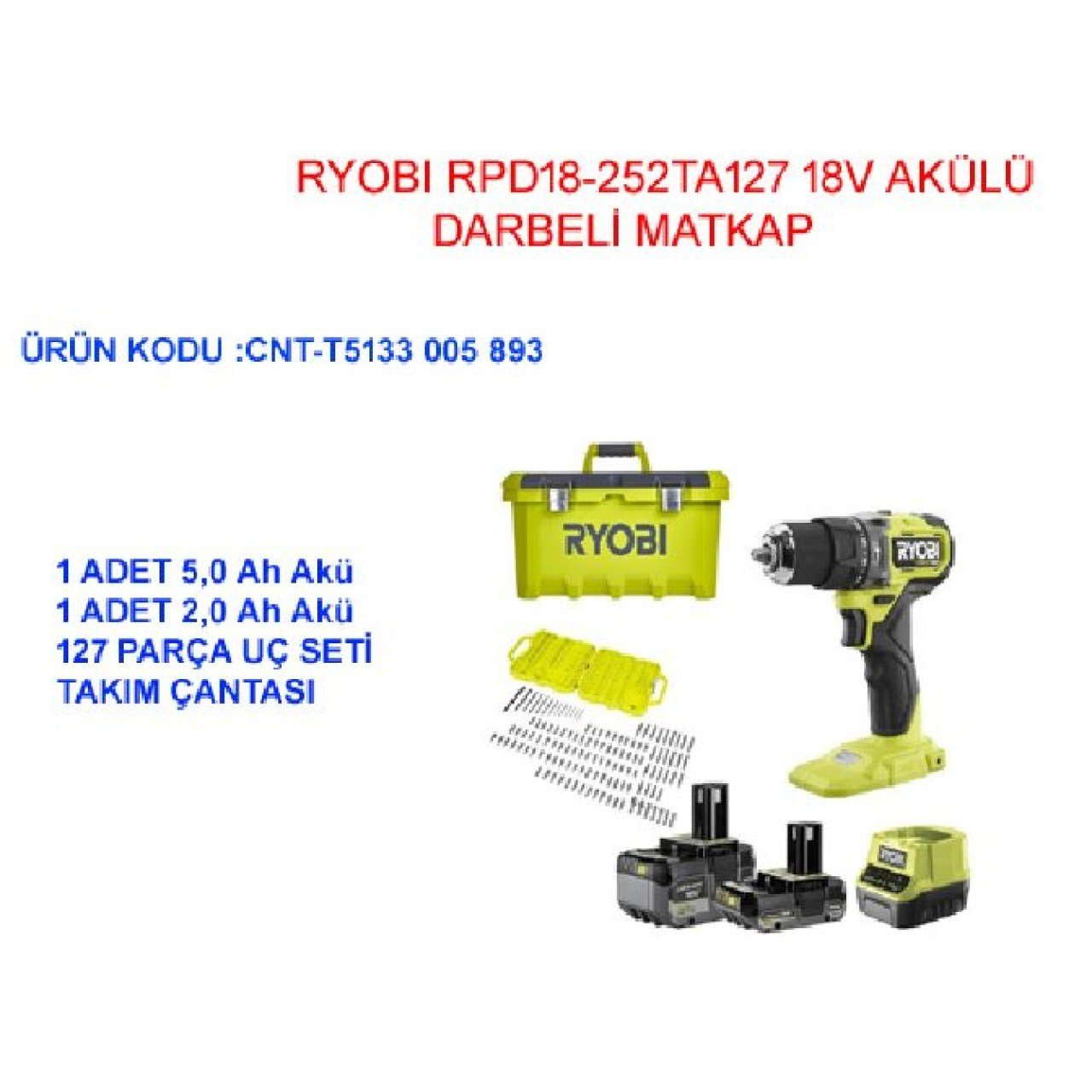 RYOBI RPD18-252TA127 18V ONE+ 2x2.5Ah Çift Akülü Darbeli Matkap Vidalama (127 Parça Aksesuarlı)