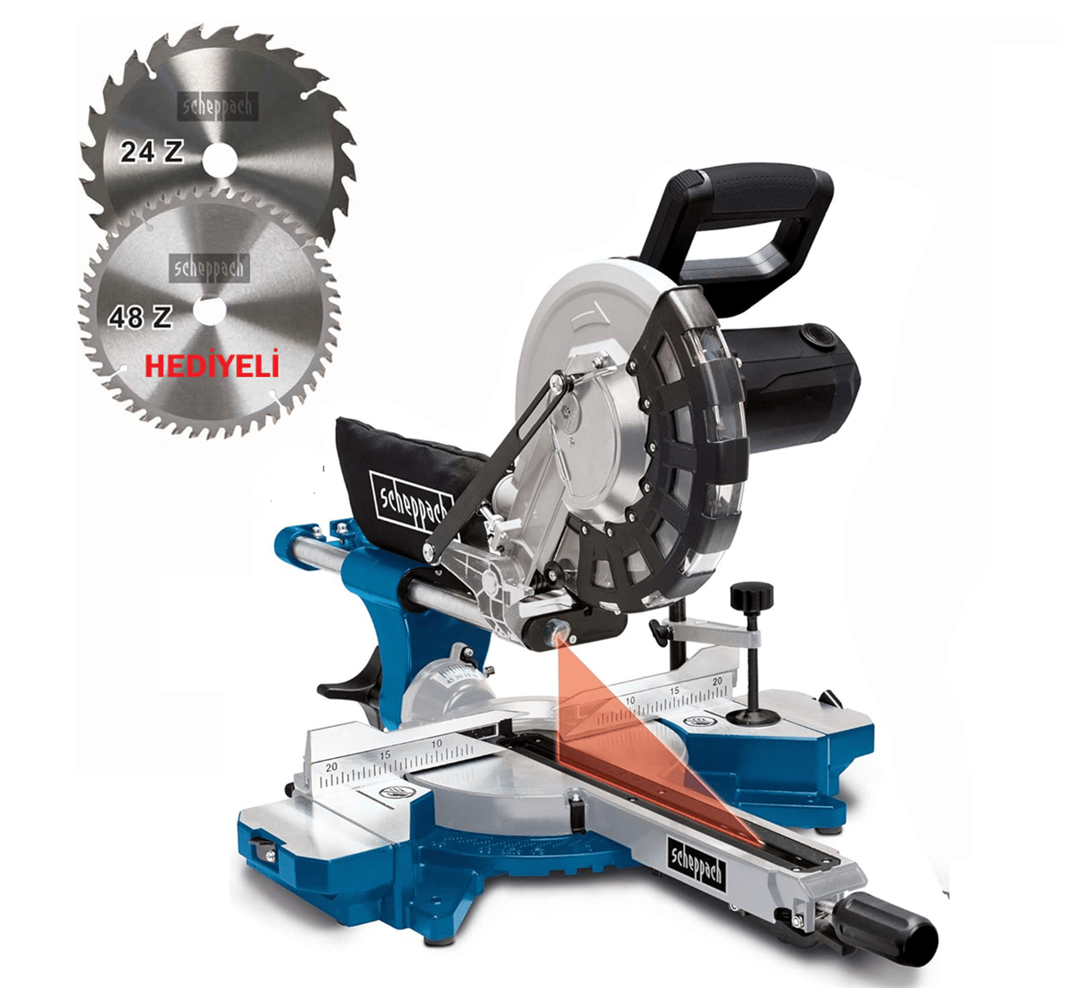 SCHEPPACH HM254 Lazerli Kızaklı Gönye Kesme Makinası 254 mm 2000 Watt - Profesyonel Geniş Panel Ebatlama ve Çift Kızaklı Yatarlı Gönye Kesme