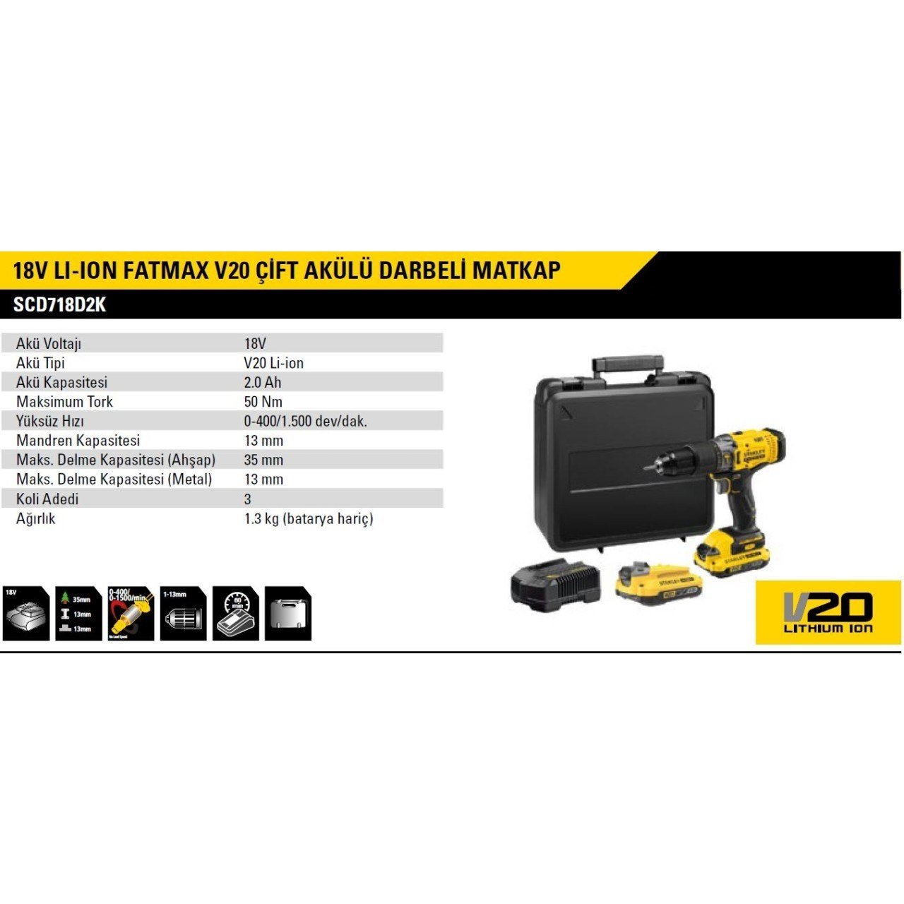 STANLEY FATMAX SCD718D2K-TR 18V 2.0Ah V20 Çift Akülü Kömürsüz Darbeli Matkap