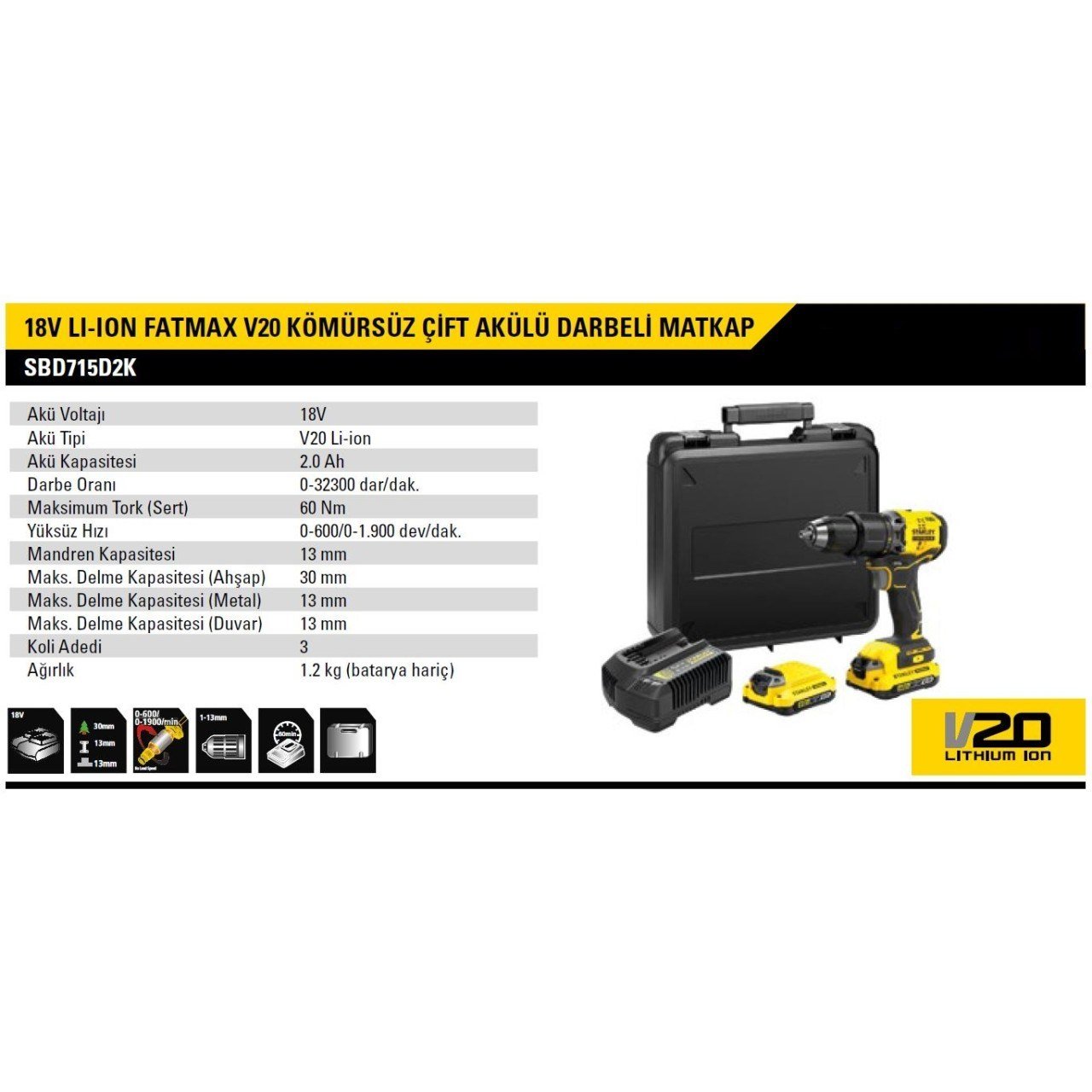 STANLEY FATMAX SFMCD721D2 18V V20 2x2.0Ah Çift Akülü Kömürsüz Darbeli Matkap