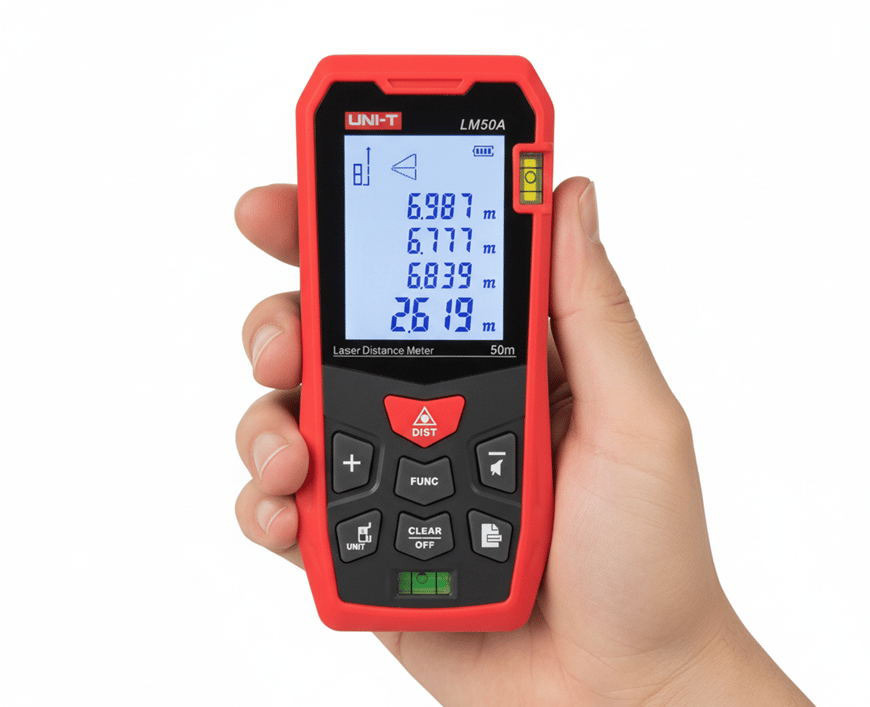 UNI-T LM50A Dijital Lazer Metre Ölçüm Cihazı 50 Metre - Profesyonel Mesafe, Alan, Hacim ve Pisagor Ölçer