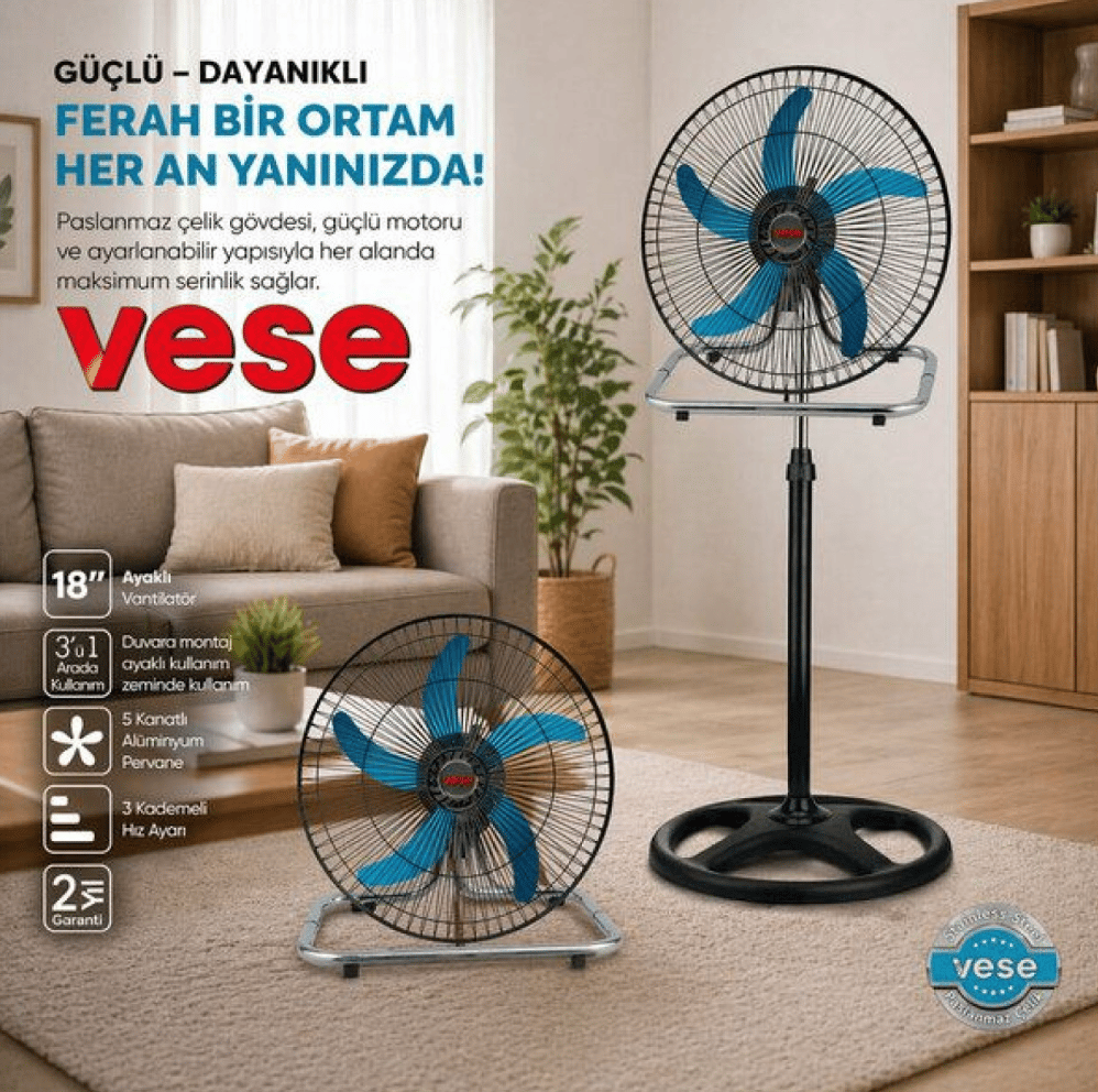 VESE Sanayi Tipi Ayaklı Vantilatör 18'' 3'ü 1 Arada - Ayaklı, Duvar ve Masa Tipi Profesyonel Ağır Hizmet Pervanesi