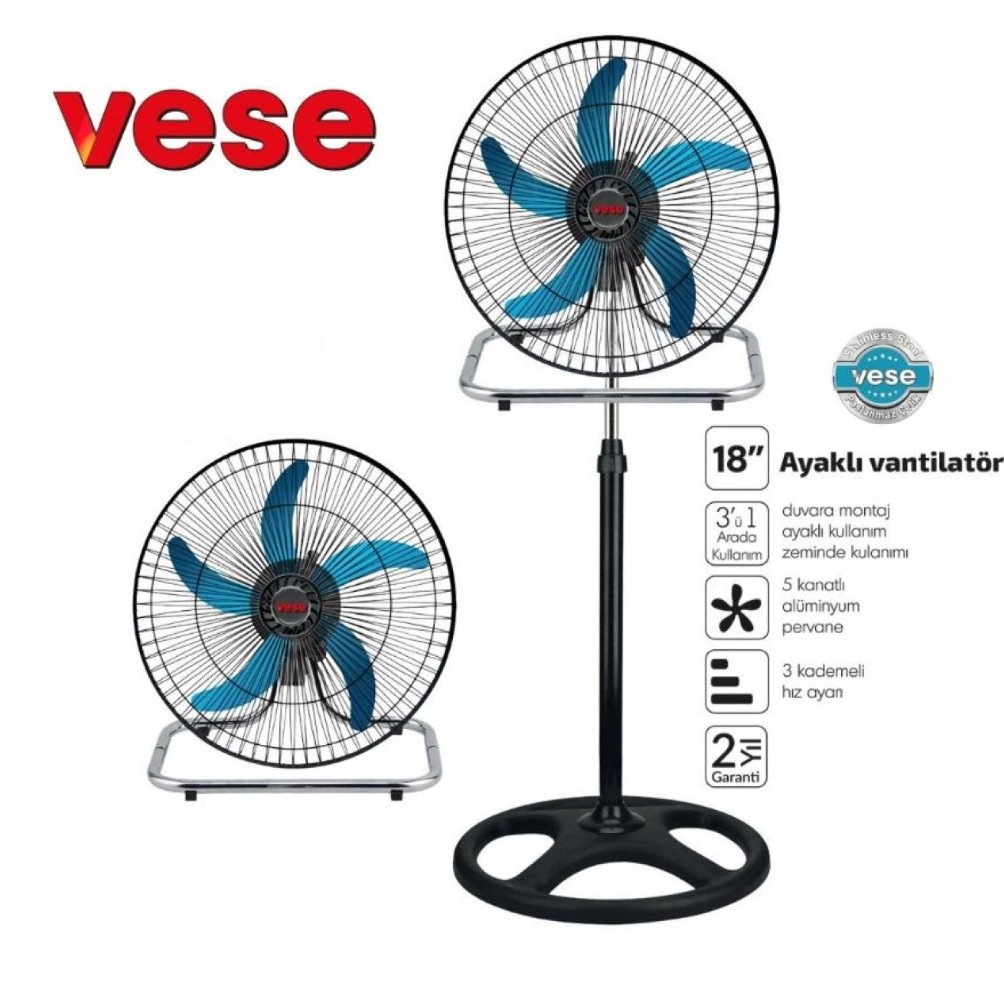 VESE Sanayi Tipi Ayaklı Vantilatör 18'' 3'ü 1 Arada - Ayaklı, Duvar ve Masa Tipi Profesyonel Ağır Hizmet Pervanesi