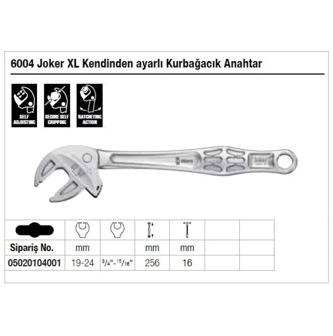 WERA 6004 Joker XL 19-24 mm Kendinden Ayarlı Kurbağacık Anahtar - Profesyonel Otomatik Sıkmalı Cırcır Fonksiyonlu Açık Ağız Anahtar