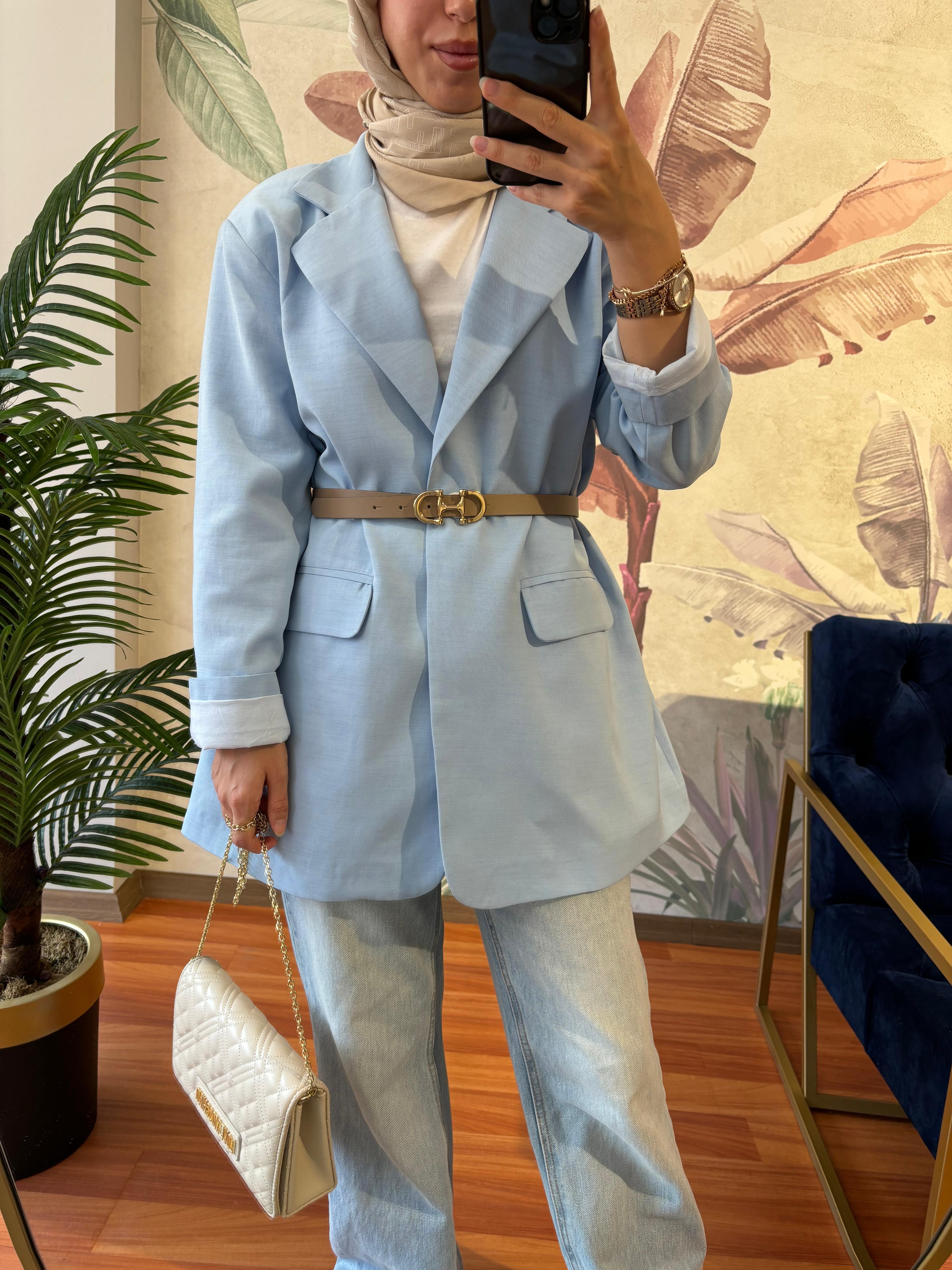 Bebe Mavi Keten Blazer Ceket 