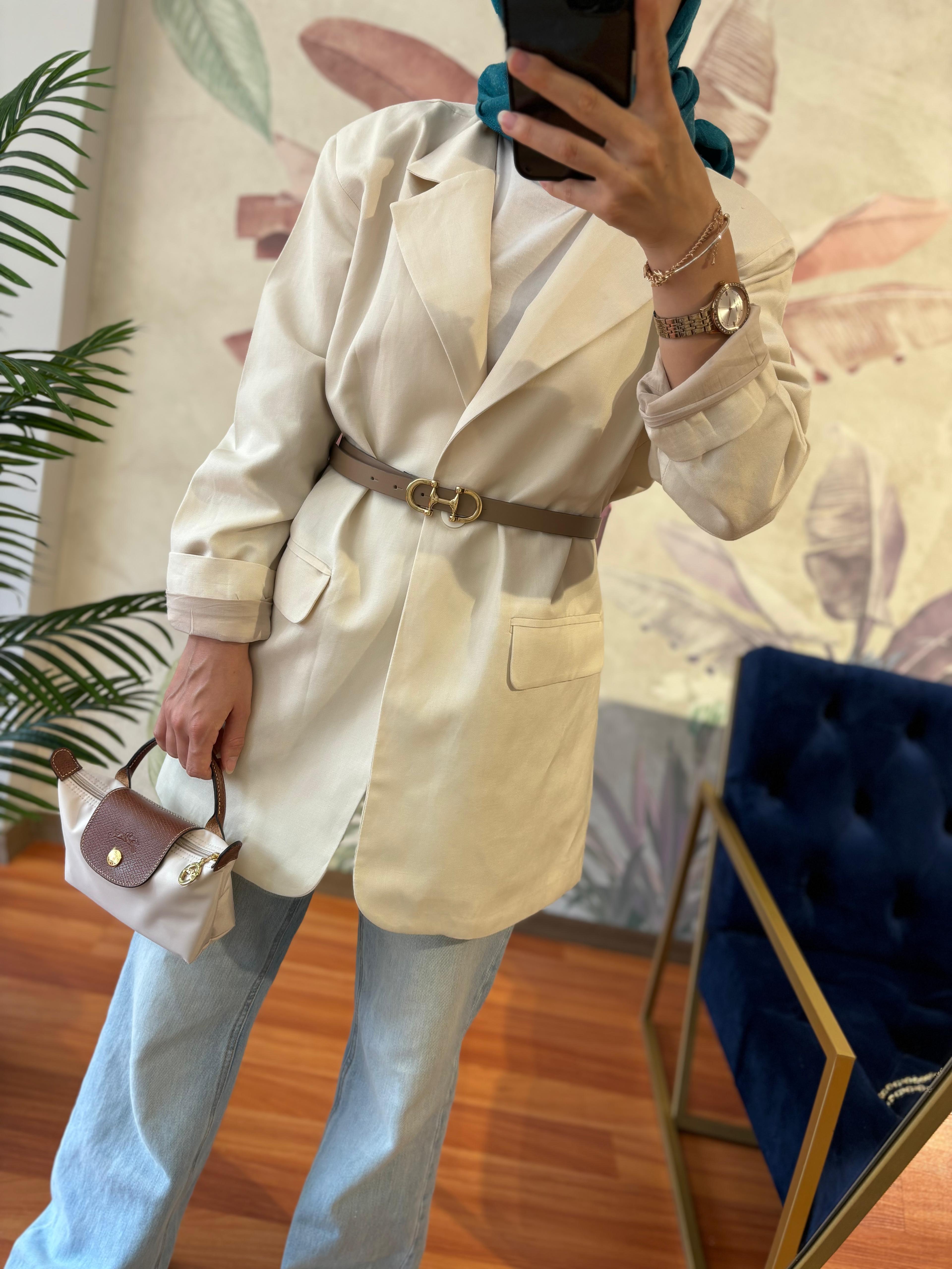 Bej Keten Blazer Ceket 
