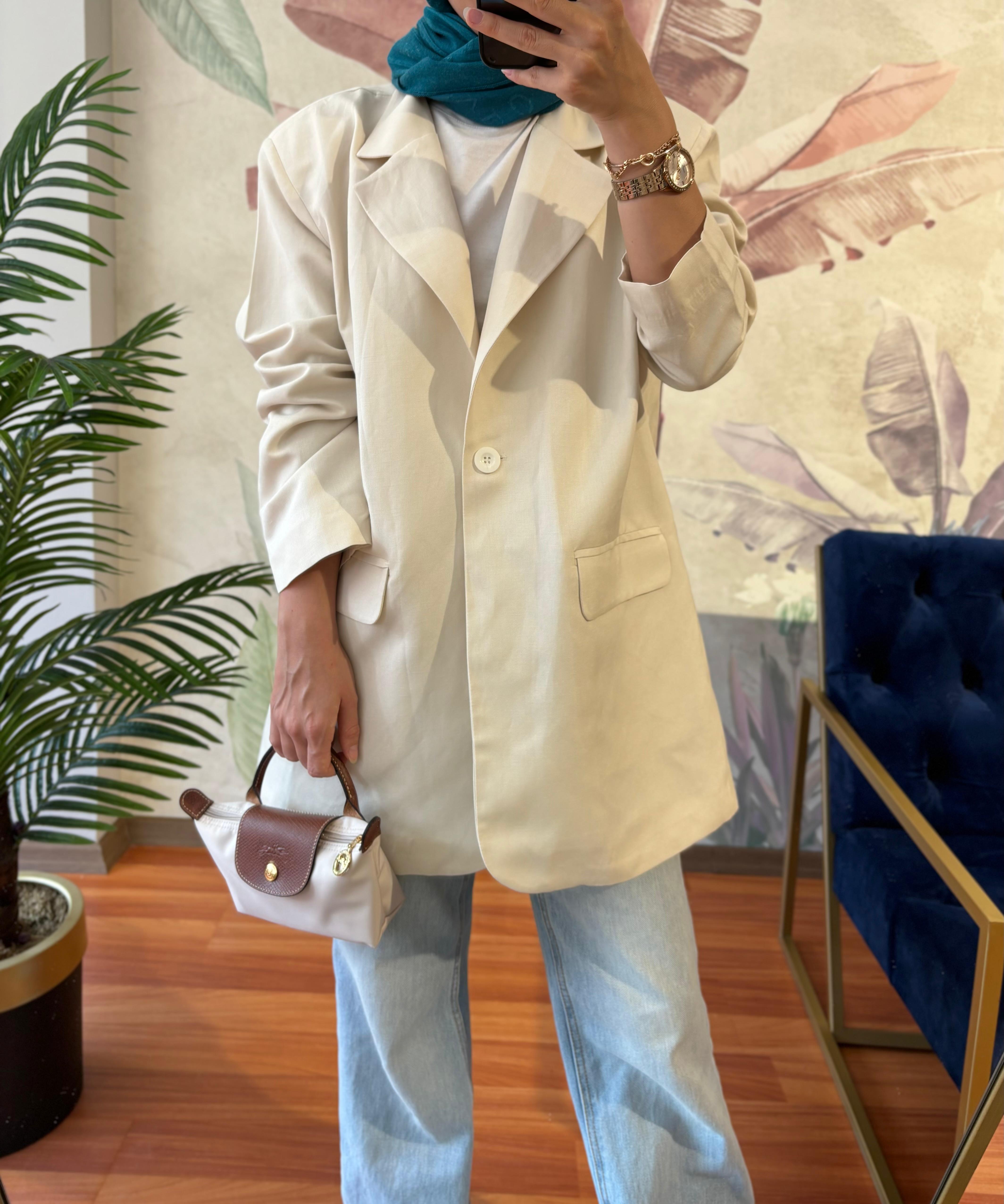 Bej Keten Blazer Ceket 